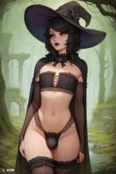 1boy acw ai_generated black_eyes black_hair black_lipstick bulge choker cloak cute_male elbow_gloves femboy feminine_male frilled_legwear frilled_thighhighs frilled_tube_top frills girly goth goth_boy light-skinned_femboy light-skinned_male light_skin male medium_hair midriff navel original_character otoko_no_ko shoulder_length_hair skimpy skimpy_clothes thighhighs trap tubetop twink witch witch_boy witch_hat