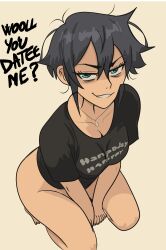 1girls ai_generated boob_window bottomless breasts crying dated female female_only goth goth_girl grin happy_birthday horny light-skinned_female looking_at_viewer looking_down looking_pleasured oc shirt showing_off solo text tsuicaa