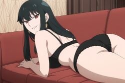 ai_generated ass black_bra black_panties boobs bra couch female_only laying_down laying_on_couch laying_on_stomach looking_at_viewer panties pinku.ai rear_view smirk spy_x_family thick_ass thick_thighs yor_briar