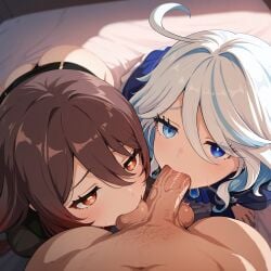 1boy 2girls :&gt;= ahoge ai_generated balls black_headwear blue_eyes blue_hair blue_headwear blush brown_hair cooperative_fellatio erection fellatio female ffm_threesome flower flower-shaped_pupils furina_(genshin_impact) genshin_impact group_sex hair_between_eyes hat hat_flower hu-tao_(genshin_impact) light_blue_hair long_hair looking_at_viewer male multicolored_hair multiple_girls oral penis plum_blossoms porkpie_hat pov pov_crotch red_eyes straight symbol-shaped_pupils teamwork testicle_sucking testicles threesome top_hat uncensored veins veiny_penis white_hair