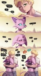1boy1girl alex_(gammainks) blonde_hair blue_eyes cat_ears choker comforting comic crying espeon forehead_jewel game_freak gammainks green_eyes hi_res hugging nintendo piercings pokemon pokemon_(species) purple_eyes purple_fur rotom rotom_phone sad tears vanessa_(gammainks)