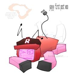 1boy 1girls ambiguous_penetration anonymous_male artist_name binarypest blocky_body cap cum english_text female forsaken_(roblox) male meme_in_the_background penis pink_skin roblox roblox_game robloxian self_upload tagme text tv_head veeronica watermark