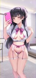 black_hair blush bow_panties breasts brown_eyes cellphone closed_mouth earrings garter_belt garter_straps idolmaster idolmaster_shiny_colors indoors lingerie long_hair mayuzumi_fuyuko medium_breasts milin_(orange_maru) nail_polish no_bra open_shirt panties pasties pink_panties purple_nails see-through_clothing shirt short_sleeves skindentation standing thighhighs thighs underwear white_shirt