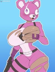 1female 1girl 1girls 2025 2025s 2d 2d_(artwork) 2d_artwork absurd_res absurdres artist_name artist_signature bear bear_suit blue_background cooliehigh cuddle_team_leader dark-skinned_female dark_skin digital_art digital_drawing digital_drawing_(artwork) digital_media digital_media_(artwork) digital_painting digital_painting_(artwork) epic_games female female_focus female_only fingerless_gloves fortnite fortnite:_battle_royale furry furry_female fursuit gloves gun hand_on_breast hand_on_own_breast handwear holding_object holding_weapon huge_breasts human human_female large_breasts open_mouth pink_clothing pink_ears pink_fur pink_suit purple_eyes ripped_clothing simple_background solo solo_female solo_focus subscribestar_logo subscribestar_username sweat sweatdrop sweatdrop_on_breasts sweatdrops sweatdrops_on_breasts thick_thighs thighs tongue torn_clothes torn_clothing torn_fursuit video_games weapon white_inner_ear wide_hips