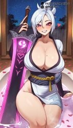 ai_generated bathtub blush breasts bridal_gauntlets cleavage collarbone falling_petals female grin heart holding holding_sword holding_weapon huge_breasts indoors japanese_clothes kimono large_breasts league_of_legends league_of_legends:_wild_rift looking_at_viewer mole mole_on_breast mole_under_eye mykibuu night night_sky obi partially_submerged petals petals_on_liquid purple_eyes riot_games riven sash short_hair sitting sky smile solo star_(sky) starry_sky sword symbol-shaped_pupils teeth thighs water weapon white_hair white_kimono