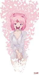 1girls artist_name breasts butterfly cleavage collarbone covering covering_crotch covering_pussy doki_doki_literature_club natsuki_(doki_doki_literature_club) navel octa0 pink_eyes pink_hair shirt shirt_only