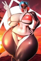 absurd_res anthro big_breasts bikini blue_hair breasts camel_toe cetacean cleavage clothed clothing curvy_figure dolphin female gesture hair hand_gesture hi_res looking_at_viewer mammal marine mechanicalstage multicolored_body oceanic_dolphin one_eye_closed orange_eyes orca pattern_clothing red_hair smile solo striped_clothing stripes swimwear thick_thighs toothed_whale two-piece_swimsuit two_tone_body under_boob v_sign valorlynz_(modeler) wet wide_hips wink zea_nalya