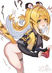 animal_ear_fluff animal_ears ass black_gloves black_hair blush cowboy_shot elbow_gloves female fingerless_gloves gloves green_eyes grey_shirt highres holding holding_another's_tail holding_panties holding_underwear holding_unworn_clothes jacket ju_fufu kkkula_(kula) long_hair multicolored_hair open_mouth orange_fur panties red_panties shirt streaked_hair striped_fur tail thigh_strap tiger_ears tiger_girl tiger_stripes tiger_tail underwear white_hair yellow_jacket zenless_zone_zero