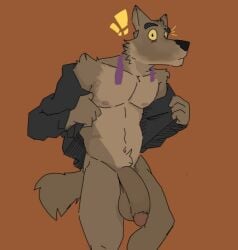 1boy anthro balls big_balls big_penis black_cloak bottomless canid canine canis coat cowboy_shot cropped_legs dreamworks furry jacket long_sleeves male male_focus mr._wolf_(the_bad_guys) navel nipples open_clothes orange_background penis red_background shirt simple_background solo standing tail testicles the_bad_guys uncensored undressing wolf yellow_eyes yellow_sclera