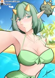 1girls akapoera bikini cleavage glasses green_hair original_character pose posing selfie swimwear twitter_link watermark