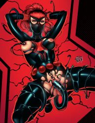 1girls 2025 2dswirl areolae avengers bent_legs black_widow_(marvel) breasts female female_only green_eyes hands_behind_head hi_res living_clothes long_hair marvel marvel_comics natasha_romanoff nipples parasite penetration pussy red_hair restrained sliver-widow solo symbiote tentacle tentacle tentacle_in_pussy tentacle_sex vaginal_penetration venom_(marvel)