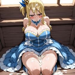 ai_generated akumai angry blonde_hair breasts crown cum cum_string dress dripping_cum excessive_cum fairy_tail female grumpy huge_breasts lucy_heartfilia pout princess steam steaming_body twintails upset voluptuous_female