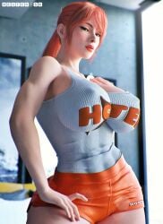 3d 3d_(artwork) abs big_breasts breasts cleavage female full_lips hooters hooters_uniform huge_breasts jenna_lynn_meowri large_breasts lipstick looking_at_viewer meowri nester8sk orange_hair ponytail short_shorts thick_thighs toned toned_female visible_nipples voluptuous voluptuous_female