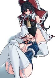 2girls absurdres bare_shoulders black_hair black_leotard blue_dress blush breasts closed_eyes clothes_lift clothing_aside cowboy_shot cum cum_on_body cum_on_stomach dress ejaculation female_masturbation fingering futa_with_female futanari futanari_masturbation garter_straps grey_hair hakurei_reimu highres himadera implied_cunnilingus izayoi_sakuya large_breasts leotard leotard_aside licking licking_testicle masturbation medium_breasts multiple_girls nipples oral red_ribbon red_shirt ribbon shirt shirt_lift simple_background solo testicles textless_version thighhighs tongue tongue_out touhou white_background white_thighhighs