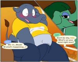 5:4 animal_crossing anthro belly belly_peeking_out belt big_belly blush border bottomwear bulge clothing comic denim denim_bottomwear denim_clothing dialogue dizzy_(animal_crossing) double_chin duo elephant elephantid english_text eyelashes eyeliner eyeshadow female furniture green_hair hair hi_res jeans jouigidragon makeup male male/female mammal moobs motion_lines naive navel nintendo obese obese_anthro obese_female obese_male opal_(animal_crossing) overweight overweight_anthro overweight_female overweight_male pants proboscidean proboscis_(anatomy) shirt sitting sofa t-shirt tail text topwear trunk_(anatomy) watermark white_border