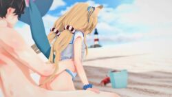 1boy1girl animated backshots beach black_hair blonde_hair bracelet bucket clothed_female_nude_male crab grabbing_from_behind hip_grab indie_virtual_youtuber koikatsu lighthouse no_sound obscured_face parasol sameko_saba sand shirt tagme tail twintails video virtual_youtuber wataamage