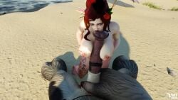 1boy 1girls 3d andrea_dawn beach big_breasts blizzard_entertainment blowjob fellatio horsecock huge_breasts huge_cock human human_(world_of_warcraft) interspecies kneeling light-skinned_female light_skin male navel_piercing nude oral oral_sex original_character paizuri red_hair tattoo tauren thick_thighs vellektra voluptuous voluptuous_female warcraft wide_hips world_of_warcraft