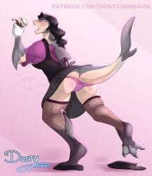 anthro apron ass barista beverage big_breasts blush blushing_at_viewer bottomwear breasts clothed clothing coffee container cup digital_media_(artwork) dustydonkgon embarrassed english_text fangs female fish growth growth_lines hair hi_res human human_to_anthro legwear looking_at_viewer maid_uniform mammal marine open_mouth panties shark simple_background solo species_transformation stockings stretching tail teeth text topwear torn_clothing torn_legwear torn_stockings transformation underwear uniform