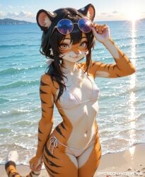 absurd_res ai_generated anthro beach bikini black_hair breasts covered_nipples feline female female fur furry hi_res highres long_hair looking_at_viewer low_ponytail orange_fur small_breasts solo standing sunglasses sunglasses_on_head tagme thick_thighs tiger_ears tiger_girl tiger_print tiger_stripes tiger_tail white_bikini xorvexai