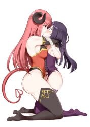 black_hair blush canon_genderswap clothing demon_tail eyes_wide_open genderswap_(ftm) hairclip horns io_(princess_connect!) kissing pink_eyes pink_hair princess_connect! princess_connect!_re:dive purple_eyes rule_63 trap watashi_no_hatsukoi_wa_hazukashisugite_dare_ni_mo_ienai wide_eyed yasumi_kaede