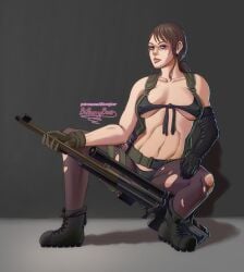 bikini_top bilberrybear brown_hair combat_boots female_only gloves grey_eyes low_ponytail pinup pokies quiet_(metal_gear) rifle ripped_pantyhose sniper_rifle solo solo_female squatting