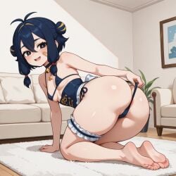 1girls ass ass_bigger_than_head ass_focus back_view band-aid band-aid_on_cheek bandaid bandaid_on_cheek barefoot black_eyes blue_bra blue_choker blue_corset blue_panties blue_ribbon blue_twintails blue_underwear bra breasts carpet choker choker_bell corset couch covered_erect_nipples covered_nipples dark_blue_hair feet female female_only frilled_straps hair_between_eyes indoors light-skinned_female light_body light_skin looking_back_at_viewer neck_bell nipples_bulge open_eyes open_mouth painting_(artwork) panties pupils ribbon shadow short_hair short_twintails small_breasts sofa streaked_hair thick_thighs thigh_strap thighs twintails two-tone_hair underbust_corset underwear upper_teeth upper_teeth_only white_carpet white_couch white_pupils white_wall white_walls wooden_floor yellow_hair
