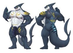 abs anthro balls biceps electronics fish genitals hi_res humanoid_genitalia humanoid_penis male marine muscular muscular_anthro muscular_male nipple_piercing nipple_ring nipples pecs penis phone piercing ring_piercing scar shark simple_background solo standing tail teeth unknown_artist