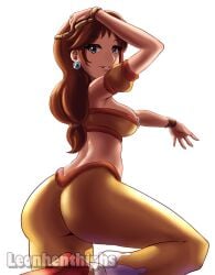 1girls ass belly_dancer belly_dancer_outfit big_ass big_breasts big_butt blue_eyes breasts brown_hair choker dark-skinned_female dark_skin earrings fat_ass female female_focus female_only genie harem_pants hoop_earrings large_ass large_breasts leonart looking_back mario_(series) mario_kart mario_kart_world midriff open_mouth ponytail princess_daisy princess_daisy_(oasis) revealing_clothes simple_background smooth_skin solo solo_female tagme thick_thighs thighs tiara white_background