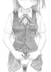 ass_visible_through_thighs black_skirt black_vest closed_mouth clothes_lift collared_shirt fd_(fd_sanmaru) female female_pubic_hair gloves graphite_(medium) greyscale hagikaze_(kantai_collection) head_out_of_frame highres kantai_collection lifting_own_clothes long_hair looking_at_viewer monochrome neck_ribbon no_panties pleated_skirt pubic_hair pussy ribbon shirt short_sleeves simple_background skirt skirt_lift smile solo traditional_media vest white_background white_gloves white_shirt