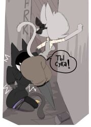 2024 2025 alley anthro ass big_ass big_butt biped bonnie_bonnet boots bottom_heavy bottomwear butt_in_face clothed clothed_anthro clothed_female clothing colored digital_drawing_(artwork) digital_media_(artwork) domestic_cat duo english_description feet felid feline felis female female/female female_anthro footwear furgonomic_bottomwear furgonomics gata_preobrazhenskaya gata_the_future_russian_kitty hair hair_over_eye hair_over_eyes hoodie insult legwear maddeku mammal mask panties profanity purple_clothing purple_panties purple_underwear rattiesteps russian_blue russian_text shaded shoes sitting small_feet standing tail talking_to_another text thick_thighs thigh_boots thigh_highs topwear translated underwear upskirt wraps
