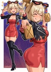 1girls ass big_ass big_breasts black_jacket blonde_hair blush breasts brown_eyes burnice_white cleavage close-up clothing collar double_peace_sign dress drink female female_only footwear full_body hair hair_ornament headwear heart high_heel_boots high_heels hips holding_drink holding_object jacket legs neckwear one_eye_closed peace_sign red_dress sarukaiwolf short_dress smile solo solo_female sparkles spiked_collar sunglasses sunglasses_on_head thighs tongue tongue_out twintails wink winking_at_viewer zenless_zone_zero
