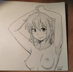 1girls areolae arms_up black_and_white bocchi_the_rock! breasts hands_on_head kita_ikuyo looking_at_viewer monochrome nipples pencil_(artwork) perky_breasts small_breasts solo solo_female traditional_media_(artwork)
