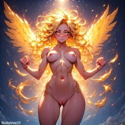 ai_generated aura blonde_hair boobylover25 glowing_eyes gold_eyes golden_hair superheroine tan_skin toned_female wings