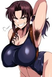 1girls ai_generated armpit_fetish armpit_hair armpits black_lagoon breasts female female_armpit_hair gloopai grin hairy hairy_armpits looking_at_viewer nai_diffusion nipple_bulge nipples nipples_visible_through_clothing pubic_hair revy smirk sweat sweatdrop sweating swimsuit tagme tattoo