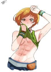 abs alfdavinchi armpits artist_name belt belt_pouch blue_pants breasts brown_eyes brown_hair clothes_lift female green_tank_top groin highres medium_breasts muscular muscular_female pants persona persona_4 pouch satonaka_chie shirt_lift short_hair sweat tank_top tomboy toned toned_female underboob wristband