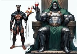 2boys ai_generated armor barefoot black_body black_clothing black_panther_(marvel) clothing dark-skinned_male dark_skin defeated doctor_doom green_clothing hood long_penis male marvel mask muscular muscular_male penis servant sitting throne tight_clothing torn_clothes victor_von_doom white_background wine