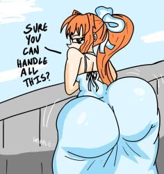ass atompunk456 big_ass big_butt butt doki_doki_literature_club dress english_text green_eyes long_hair monika_(doki_doki_literature_club) text white_dress wobble wobbling wobbling_ass wobbling_butt