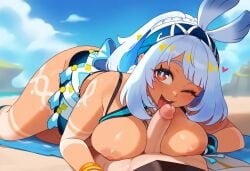 1boy 1boy1girl 1girls 777form777 aether_(genshin_impact) ai_generated beach beach_towel blue_eyes blush braided_hair braided_twintails breasts breasts_out female genshin_impact gradient_eyes hairband half-dressed heart huge_breasts licking licking_penis long_hair looking_at_viewer makeup male mualani_(genshin_impact) nipples on_side oral oral_sex penis penis_between_breasts pov pov_crotch pov_eye_contact pov_male red_eyes simple_background sweat swimsuit swimsuit_aside symbol-shaped_pupils tongue tongue_out trembling white_hair wink winking_at_viewer