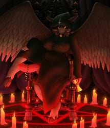 1futa balls baphomet big_breasts breasts burning_candles candlelight candles clothing demon dickgirl erect_nipples erection feathered_wings feathers futanari hooves horn intersex lysergide nipples penis pentagram solo tight_clothing wings