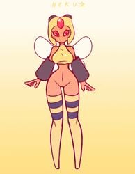 1girls animated anthro arthropod bare_shoulders bee belly big_breasts blush bottomless breasts clothed clothes clothing eyelashes feet female female_only insect lin_(nekuzx) looking_at_viewer navel nekuzx nintendo no_pussy orange_skin pokémon_(species) pokemon pokemon_dppt red_eyes red_sclera solo standing stripes thighhighs thin_waist vespiquen video_games wide_hips wings yellow_background