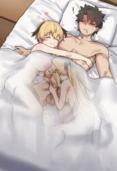 ! 1boy 2girls absurdres alternate_breast_size artoria_caster_(fate) artoria_pendragon_(fate) ass balls black_hair blonde_hair breasts ebora english_commentary exhausted fate/grand_order fate_(series) fellatio female fujimaru_ritsuka_(male) gareth_(fate) green_eyes hair_flaps highres hug large_breasts long_hair male multiple_girls nipples nude on_bed oral penis pussy_juice see-through_clothes short_hair small_breasts smile straight testicles twintails uncensored under_covers