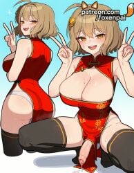 1futa 2025 ahoge ai_generated anis_(nikke) artist_name ass balls black_legwear blush breasts brown_hair bust chest cleavage cleavage_cutout clothing_cutout cock dick double_v double_w dress foxenpai futanari goddess_of_victory:_nikke hi_res high_quality high_resolution highres intersex looking_at_viewer open_mouth panties patreon patreon_username penis short_hair smile squatting stable_diffusion sweat testicles thighhighs uncensored underwear v v_over_eye w watermark white_panties
