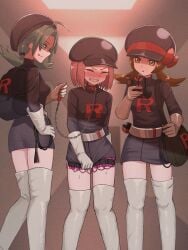 3girls backpack bag belt black_hat black_shirt black_skirt blush boots breasts brown_eyes brown_hair collar commission dark_persona female_orgasm gloves green_eyes green_hair hat highres kris_(pokemon) leash low_twintails lyra_(pokemon) miniskirt multiple_girls newsboy_cap nipple_stimulation orgasm pixiv_commission pokemon remote_control_vibrator sex_toy shirt short_hair shoulder_bag skirt small_breasts team_rocket team_rocket_grunt team_rocket_uniform tears thigh_boots thigh_strap twintails vibrator vibrator_in_thigh_strap vibrator_on_nipple vibrator_under_clothes white_boots white_gloves wombatvxww2553