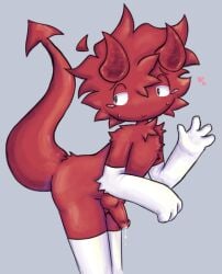 2d 2d_(artwork) aged_up ahoge arm_warmers bent_over c00lkidd c00lkidd_(forsaken) demon demon_horns demon_tail forsaken forsaken_(roblox) knot knotted_penis kruhana2 leaking leaking_cum leaking_penis nervous nervous_expression nervous_sweat red_fur red_hair red_skin roblox roblox_game robloxian scared_expression self_upload thigh_highs thighhighs white_gloves white_socks
