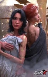 10:16 2girls 3d 3d_(artwork) 4k back bare_shoulders black_hair clair_obscur:_expedition_33 dirty dirty_face dirty_skin female_focus freckles freckles_on_face in_water lune lune_(clair_obscur:_expedition_33) maelle_(clair_obscur:_expedition_33) medium_hair outdoors partially_submerged patreon patreon_username red_hair red_hair roosterart shoulders soft softcore solo_females towel towel_only video_game video_game_character video_game_franchise