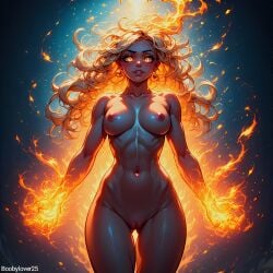dark_skin fire flaming_hair glowing_eyes medium_breasts supervillainess toned_female