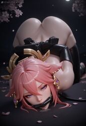 1girls 3d ai_generated animal_ears arms_behind_back ass bit_gag black_gloves black_thighhighs bondage bondage bound bound_arms cherry_blossoms drooling earrings elbow_gloves female floppy_ears fox_ears full_moon gag gagged genshin_impact gloves hair_between_eyes hair_ornament hi_res highres jewelry leash long_hair looking_at_viewer lyxen3d moon nude pet_play petals pink_hair purple_eyes restrained saliva solo stirrup_legwear thighhighs toeless_legwear top-down_bottom-up viewer_holding_leash yae_miko
