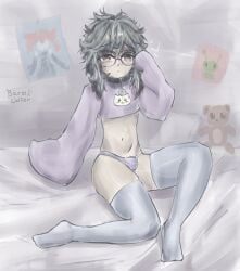 background barsik_chiter big_ass blush brown_eyes crossdressing eyelashes femboy glasses long_hair long_sleeves original_character penis_in_panties thick_thighs thighhighs topwear