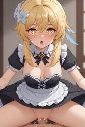 1girls adamegidor ai_generated blonde_hair cum_inside female heart-shaped_pupils lumine_(genshin_impact) maid sex