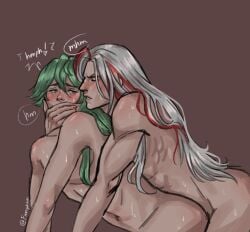 2boys alternate_costume blush blushing doggy_style ezreal finnykinn gay gay_sex green_hair hand_over_another's_mouth hand_over_mouth heartsteel_ezreal heartsteel_series heartsteel_yone league_of_legends long_hair male male_only moaning moaning_in_pleasure multicolored_hair sweating twink white_hair yone